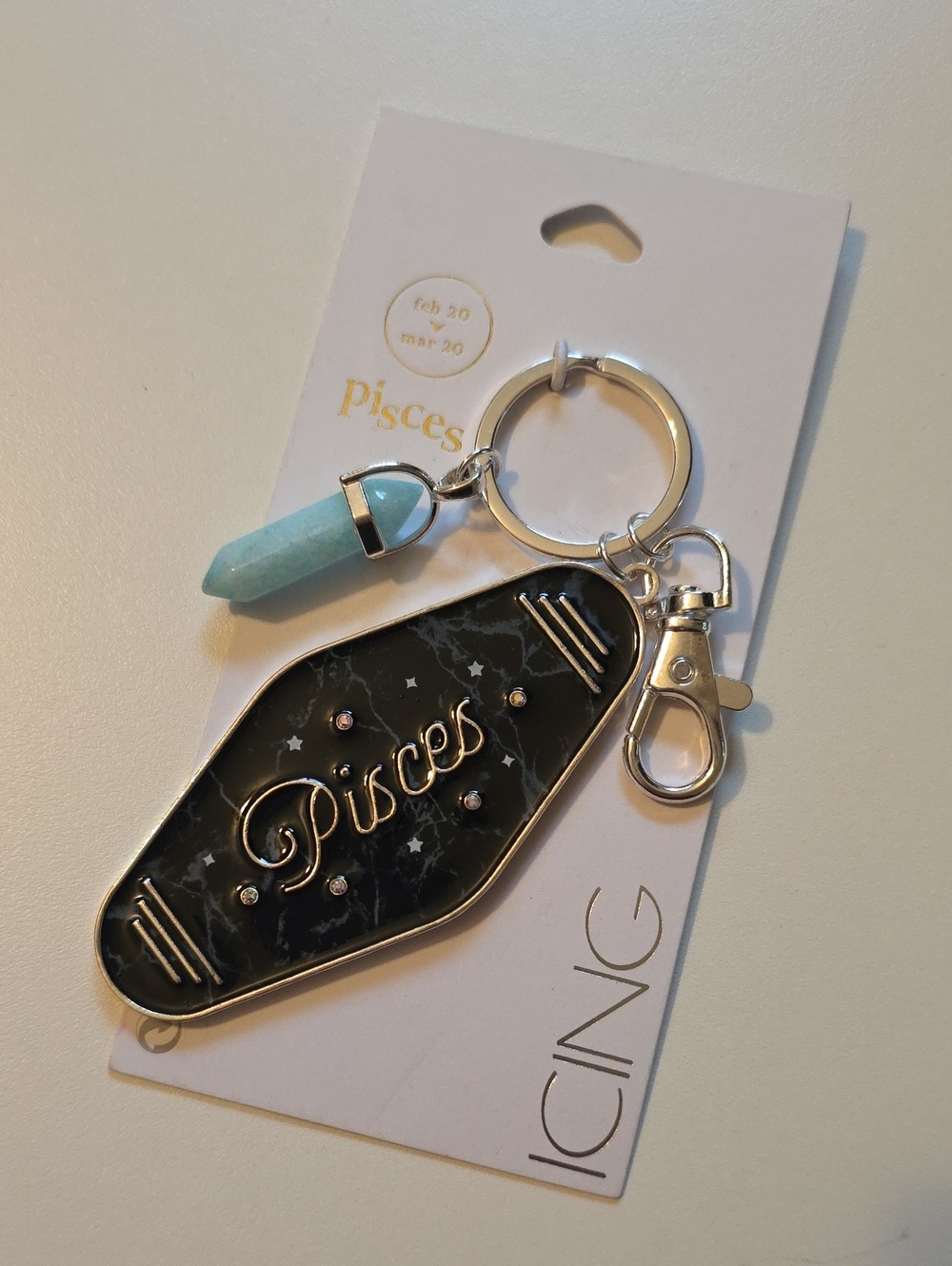 Pisces Black Marble Zodiac Hotel Keychain with Aqua Crystal Charm - NWT